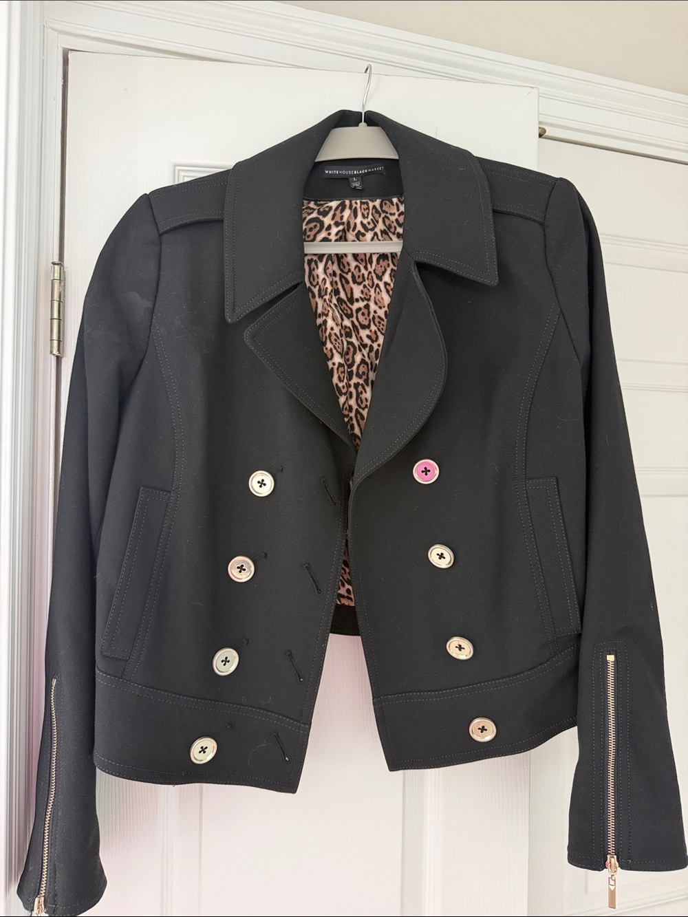 White House Black Market Black Double-Breasted Blazer with Leopard Lining